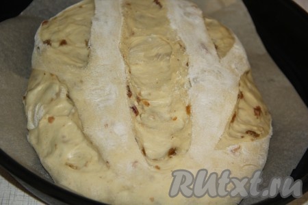 Наш батон увеличится в объёме. Поставить противень в разогретую духовку и выпекать домашний батон с изюмом при 180 градусах, примерно, 35 минут.
