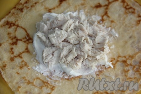 Поверх творожного сыра выложить немного курицы.
