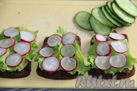 Далее выложить ломтики редиса.