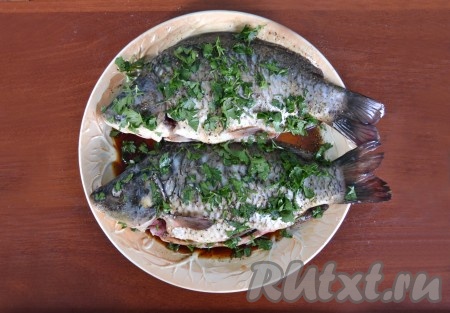 Добавить измельченную зелень, часть её выложить в брюшко. Оставить в прохладном месте на 20-30 минут. За это время необходимо несколько раз перевернуть рыбку, чтобы она равномерно мариновалась.

