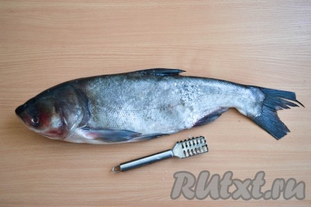 Рыбу очистить от чешуи, удалить жабры и вымыть.
