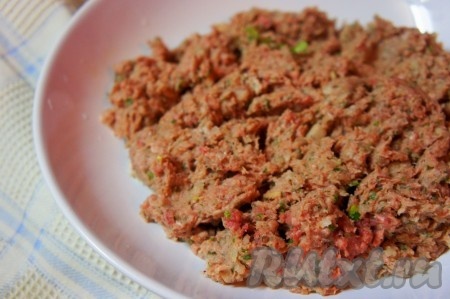 Фарш тщательно вымесить. Я пропустила фарш дополнительно через измельчитель, так он получается более нежным и сочным, но это по желанию. Фарш для чебуреков накрыть пищевой плёнкой и убрать в холодильник на время приготовления теста.
