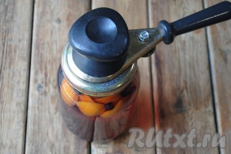 Залить абрикосы и смородину горячим сиропом. Накрыть крышкой и сразу же закатать.
