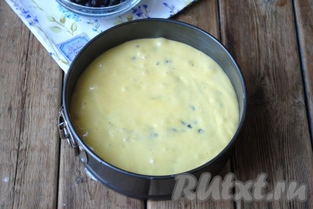 Дно формы для выпечки (я использовала форму диаметром 18 сантиметров) застелить пергаментом, бока смазать растительным маслом, вылить тесто, разровнять.