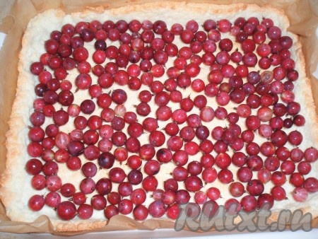 Крыжовник вымыть, отделить хвостики. Ровным слоем выложить ягоды на основу для пирога.
