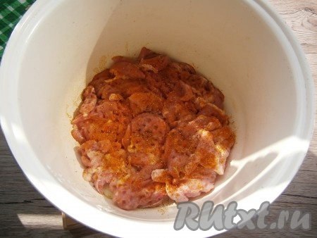 Кусочки курицы размером около 10 см отбить молоточком, посолить и выложить поверх лука в один слой, посыпать специями.
