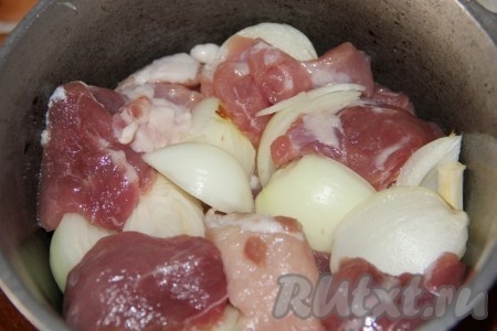 Выкладываем мясо с луком в толстостенную кастрюлю или казан, добавляем воду, чтобы блюдо не пригорело. Кастрюля с тонкими стенками не подойдет!