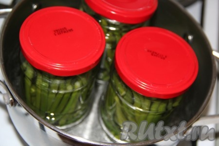 Прикрыть банки прокипяченными крышками, поместить в кастрюлю с тёплой водой (на дно кастрюли, чтобы банки не лопнули в процессе стерилизации, можно положить старое полотенце или тряпочку, сложенную в 2-3 раза, - я этого не делаю), поставить на средний огонь и довести до кипения, стерилизовать банки с чесночными стрелками в течение 5 минут с момента закипания.
