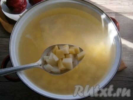 Лук, морковь, картошку, свеклу и чеснок очистить. В кастрюлю влить 2,5 литра воды, довести ее до кипения, добавить соль по вкусу и картофель, нарезанный кубиками. Варить картофель 25 минут на слабом огне.
