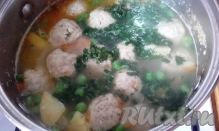 Если нужно, суп досолить. Варить 5 минут. Зелень вымыть, измельчить. Добавить в суп и снять его с огня.
