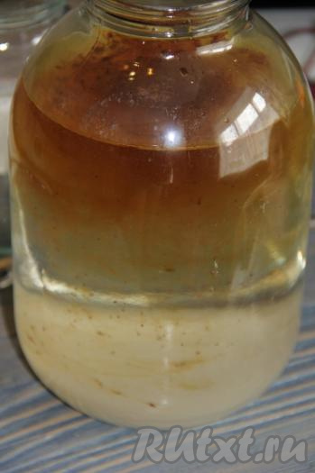 В трёхлитровую банку влить 2,5 литра&nbsp;воды (температура воды должна быть примерно 35-37 градусов), добавить сахар и кофе, перемешать.