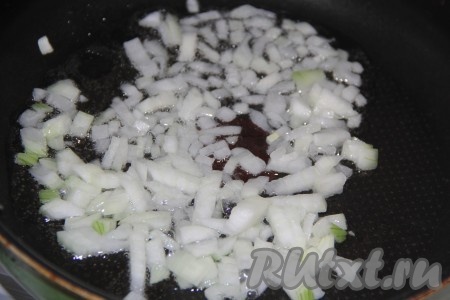 Лук очистить и мелко нарезать. Выложить лук в сковороду, добавить растительное масло. Обжарить лук, помешивая, до прозрачности.
