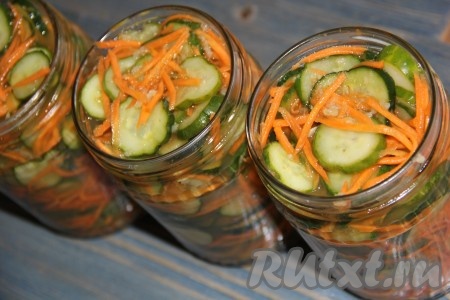 Разложить салат из огурцов и моркови по стерильным банкам и залить выделившимся соком.
