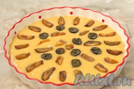 Форму диаметром 20-25 см смазать сливочным маслом и вылить тесто. Сверху разложить фрукты, предварительные очищенные от косточек и нарезанные на части.
