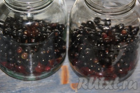 Банки предварительно простерилизовать (я взяла 2 банки объёмом 1,8 литра). Выложить в каждую банку по 1 стакану крыжовника и чёрной смородины.
