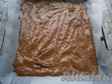 Противень застелить пергаментной бумагой, вылить тесто, равномерно разровнять его по всему противню (у меня размер противня 34х30 см).
