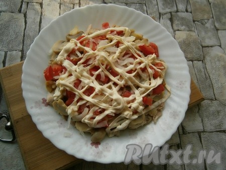 Нарезать кубиками 2 свежих помидора (оставшиеся 2 помидора оставить для украшения), выложить их следующим слоем. Далее выложить очищенный и нарезанный тонкими четвертинами репчатый лук, немного посолить и смазать майонезом.
