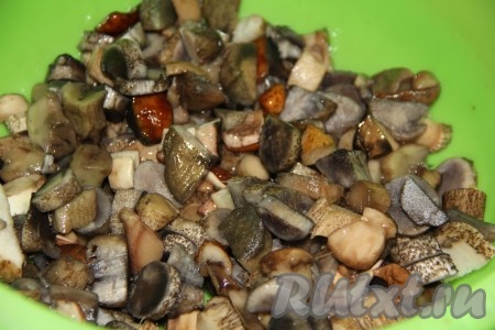 Морковку и лук очистить, из болгарских перцев удалить семенную коробку. Свежесобранные грибы почистить, если нужно, промыть водой, нарезать на кусочки среднего размера, выложить в кастрюлю и полностью залить водой.
