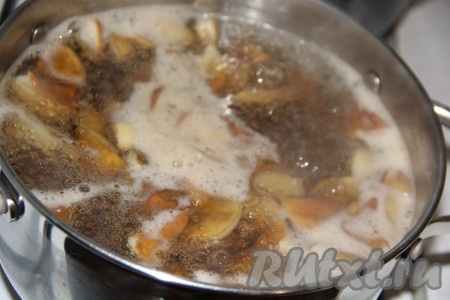 После закипания уменьшить огонь и варить грибочки 35-40 минут.
