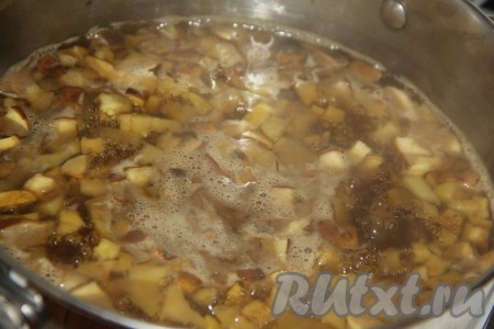 Пока тесто подходит, нужно приготовить начинку. Очищенный картофель отварить до готовности в подсоленной воде (в течение минут 20-25). Вареную картошку размять в пюре (пюре не должно быть жидким). Кстати, для этого пирога можно использовать пюре, оставшееся после ужина. Грибы очистить от мусора, мелко нарезать, залить водой, отварить в течение минут 30 с момента закипания, а затем откинуть на дуршлаг.
