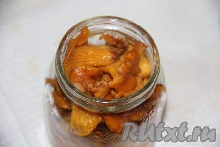 Откинуть лисички на дуршлаг, а затем переложить в предварительно простерилизованную банку. У меня получилась одна банка объёмом 500 мл.
