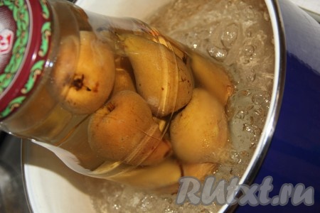 Можно не дожидаться, пока банки остынут, а сразу поставить баночки с компотом в кастрюлю с теплой или горячей водой, дно которой можно застелить сложенной в 2-3 раза тряпочкой. Вода в кастрюле должна доходить до "плечиков" банок. Накрыть банки с компотом крышками. Поставить кастрюлю с банками на средний огонь и стерилизовать 25 минут с момента закипания воды в кастрюле.
