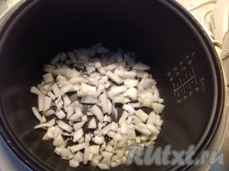 Лук выкладываем в разогретую чашу мультиварки.
