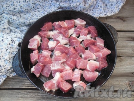 На сковороде, хорошо разогретой без добавления растительного масла, обжарьте свинину на среднем огне до золотистого цвета со всех сторон (в течение 5-7 минут). Если мякоть постная, перед обжариванием кусочков свинины добавьте растительное масло.