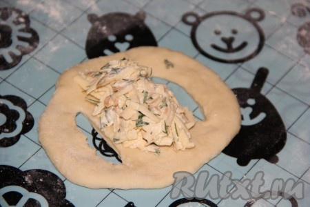 На середину каждого кружка теста выложить 1 столовую ложку начинки.
