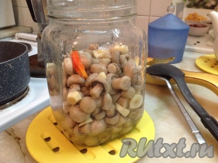 Шумовкой переложить шампиньоны в банку, пересыпая грибы чесноком. Добавить перчик чили по вкусу.
