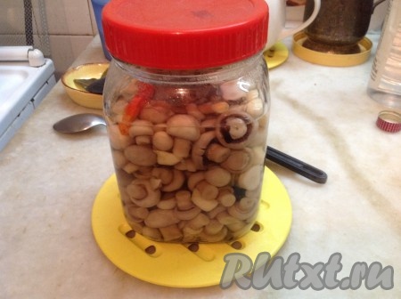 Банку с шампиньонами накрыть крышкой и оставить остывать. Убедитесь, что все шампиньоны покрыты маринадом. Если это не так, нужно сделать небольшой гнёт (не очень тяжелый, чтобы не раздавить грибы). После того как банка с шампиньонами полностью остынет, убрать её в холодильник. Через сутки наши быстрые маринованные шампиньоны с чесноком готовы. Можно угощать близких.
