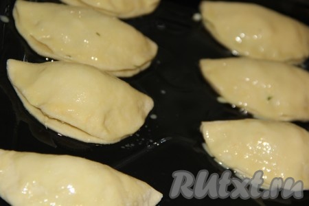 Выложить пирожки на противень и смазать верхушку взбитым желтком.
