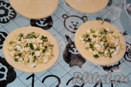 На тесто выложить по 1,5 столовых ложки начинки.
