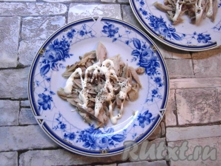 Предварительно отварить свеклу и куриное мясо. Свекла варится до готовности - минут 40-50, куриное мясо - около 35-45 минут в подсоленной воде. Свеклу остудить и очистить. Курицу остудить, нарезать длинными, тонкими кусочками и выложить на тарелку, немного посолить и поперчить, смазать майонезом.
