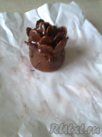 Хлопья надо обмакивать в шоколад, не снимая его с водяной бани, чтобы шоколад не застыл, и лепить шишки, начиная сверху.