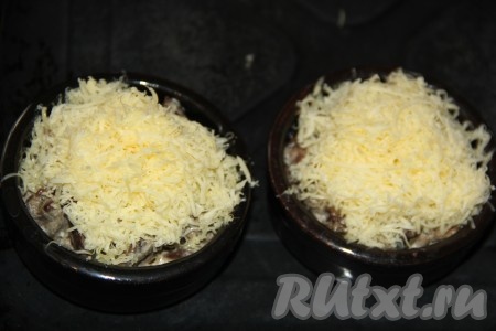 Сыр натереть на мелкой тёрке и выложить поверх жульена пышной горкой.