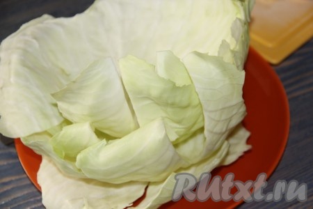 Капусту можете подготовить любым способом (например, отварить до мягкости в кипящей воде). Я срезала крупные листы капусты и выложила их на тарелку. Поместила листы в микроволновку и готовила при максимальной мощности, примерно, 5 минут.
