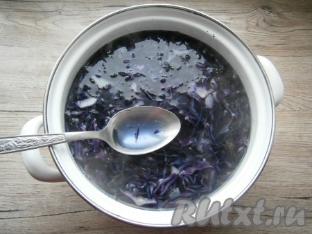 Вода сразу же окрасится в синий цвет. Не пугайтесь, после добавления заправки борщ приобретет совсем другой цвет. Варить картофель с капустой минут 10 с момента закипания на небольшом огне.
