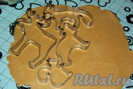 Оставить тесто в миске, накрыть пищевой плёнкой и убрать в холодильник на сутки. Если хранить тесто дольше, то можно переложить его в пакет и хранить в холодильнике до 3 суток. Готовое тесто достать из холодильника и раскатать скалкой в пласт толщиной 3-4 мм. С помощью вырубки для печенья сделать пряники (у меня вырубка в виде животных).