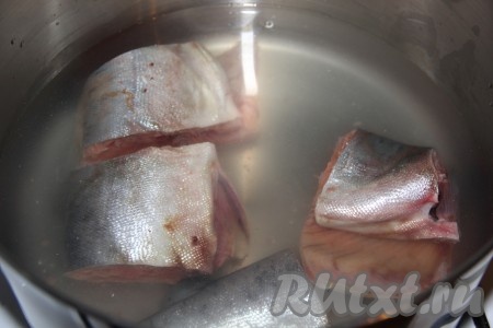 Горбушу нарезать на крупные кусочки, поместить в кастрюлю, залить холодной водой и поставить на огонь.
