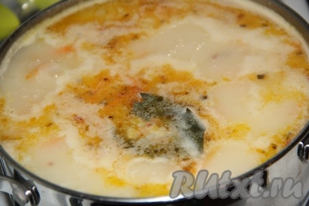 Добавить соль и специи по вкусу, лавровый лист и томить суп на небольшом огне до полного растворения сыра (примерно, 7-10 минут), периодически перемешивая.&nbsp;
