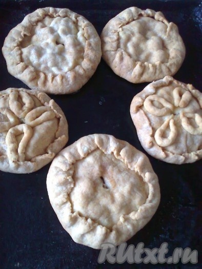 По желанию, смажьте курники перед выпечкой яичным желтком. Выпекаем в разогретой духовке при температуре 180-200 градусов 25 минут (до золотистой корочки). Затем вливаем в каждую дырочку по 1-2 столовых ложки воды (или бульона), накрываем фольгой и выпекаем еще 10 минут при температуре 150-160 градусов. Готовые горячие пироги можно смазать кусочком сливочного масла. 

Наши замечательные и вкусные порционные курники готовы. 