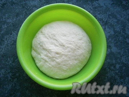 Густое тягучее тесто выложить на стол, присыпанный мукой, и теперь руками, добавив немного муки, подмесить тесто и придать ему форму шара. Муки много не подсыпайте, тесто должно остаться липким. Миску смазать растительным маслом и поместить в неё тесто, накрыть плёнкой и оставить в тепле на 1,5 часа.