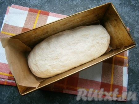 Затем тесто обмять и снова оставить его на 1-1,5 часа. Далее тесто снова обмять и поместить его в застеленную пергаментом и&nbsp;смазанную растительным маслом форму для кекса или хлеба. Размер моей формы 24х12 см.
