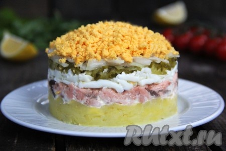 Вот каким аппетитным получился салат с картофелем, горбушей горячего копчения и яйцами. Очень вкусно, попробуйте и вы!
