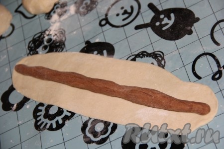 Припылить стол мукой, раскатать белое тесто в длинный овал. Длина овала должна соответствовать длине формы для выпечки. Я использовала металлическую форму для выпекания хлеба. Из шоколадного теста сформировать длинную колбаску. Выложить коричневую колбаску на белое тесто (как на фото).