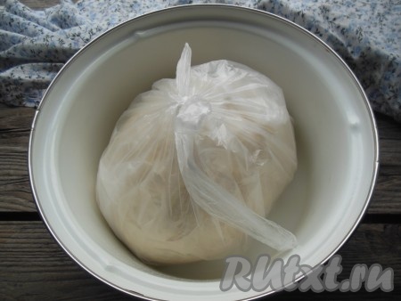 Пакет с тестом поместите в глубокую кастрюлю и уберите на 1 час в холодильник.
