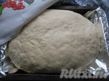 Сверху накройте полотенцем, оставьте на час при комнатной температуре. Тесто быстро согреется и снова увеличится в объеме.