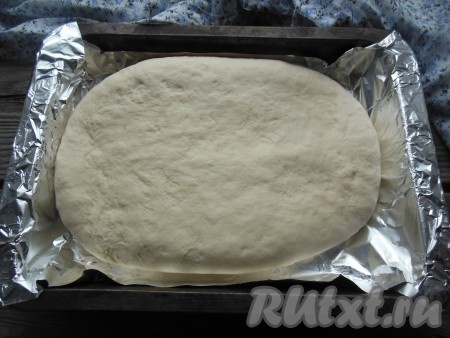 Противень смажьте растительным маслом (или застелите фольгой). Переложите тесто на противень, прижимая поверхность ладошкой.
