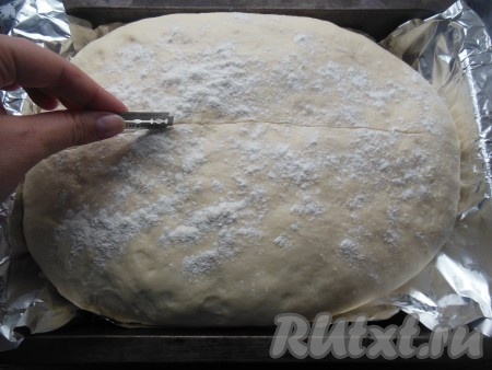 Слегка посыпьте его сверху мукой, для этого будет достаточно 1-2 чайных ложек. С помощью лезвия нанесите рисунок.
